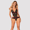 Schwarzer Spitzen-Body Rossita mit bordeauxfarbenen Samt-Details von Obsessive