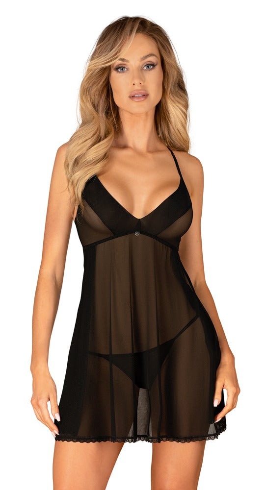 Schwarz-transparentes Set Latinesa mit luftigem Babydoll und String von Obsessive