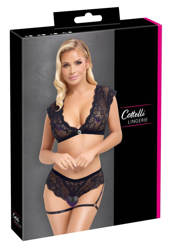 Schwarzes Spitzen-Set mit Top und Slip ouvert aus Blütenspitze mit Strassring von Cottelli