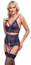 Schwarzes Strapshemd-Set im Mattlook mit lila Spitzen-Einsätzen (Ouvert) von Cottelli – Ansicht 3