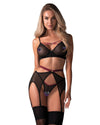 Schwarzes 3-teiliges Straps-Set Novenes mit Soft-BH, Strapsgürtel und V-String von Obsessive