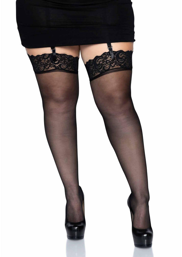 Schwarze verführerische halterlose Strümpfe in eleganter transparenter Optik von Leg Avenue