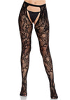 Schwarze verführerische Strumpfhose aus Rosen Spitze mit offenem Schritt von Leg Avenue – Ansicht 2