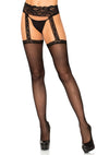 Schwarzes sündiges Oberschenkelstrumpf Set mit elegantem Spitzen Strumpfhalter von Leg Avenue