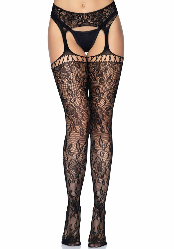 Elegante Strapsstrümpfe mit Spitzenbund und Strapsgürtel in schwarz | Leg Avenue