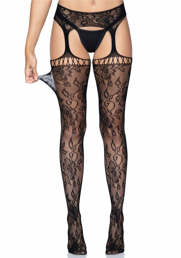 Elegante Strapsstrümpfe mit Spitzenbund und Strapsgürtel in schwarz | Leg Avenue