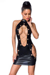 Wetlook-Minikleid mit eingestanzten Ösen schwarz - SALE