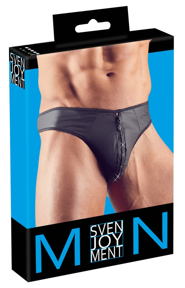 Schwarzer Herren-String in Neopren-Optik mit strassbesetztem Reißverschluss von Svenjoyment