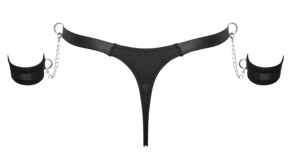 Schwarzer erotischer Mattlook Riostring mit abnehmbaren Handfesseln von Svenjoyment – Ansicht 8