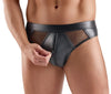 Schwarzer knackiger Herren-Slip im Wetlook mit Netzeinsätzen von Svenjoyment – Ansicht 3
