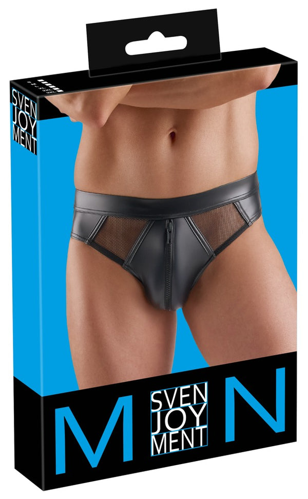 Schwarzer knackiger Herren-Slip im Wetlook mit Netzeinsätzen von Svenjoyment