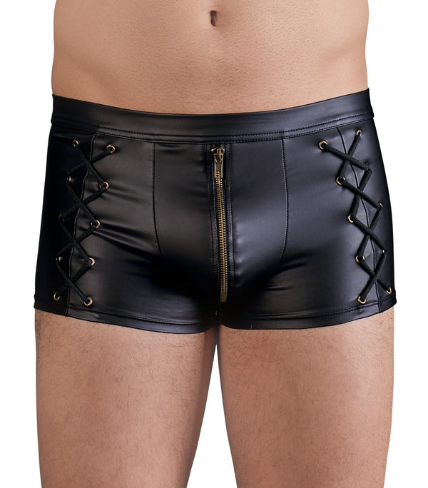 Schwarze Herren-Pants im Mattlook mit Messing-Reißverschluss und Schnürungen von NEK – Ansicht 2