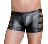 Schwarze Herren-Pants im Mattlook mit Netz-Einsätzen und nietenverzierten Riemen von NEK – Ansicht 2