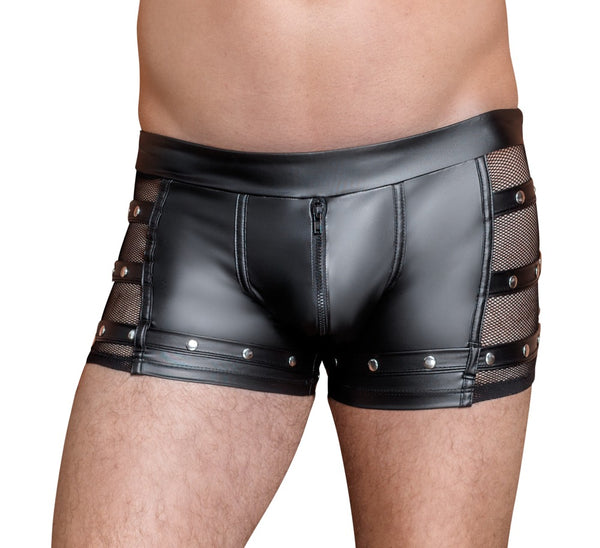 Schwarze Herren-Pants im Mattlook mit Netz-Einsätzen und nietenverzierten Riemen von NEK – Ansicht 2