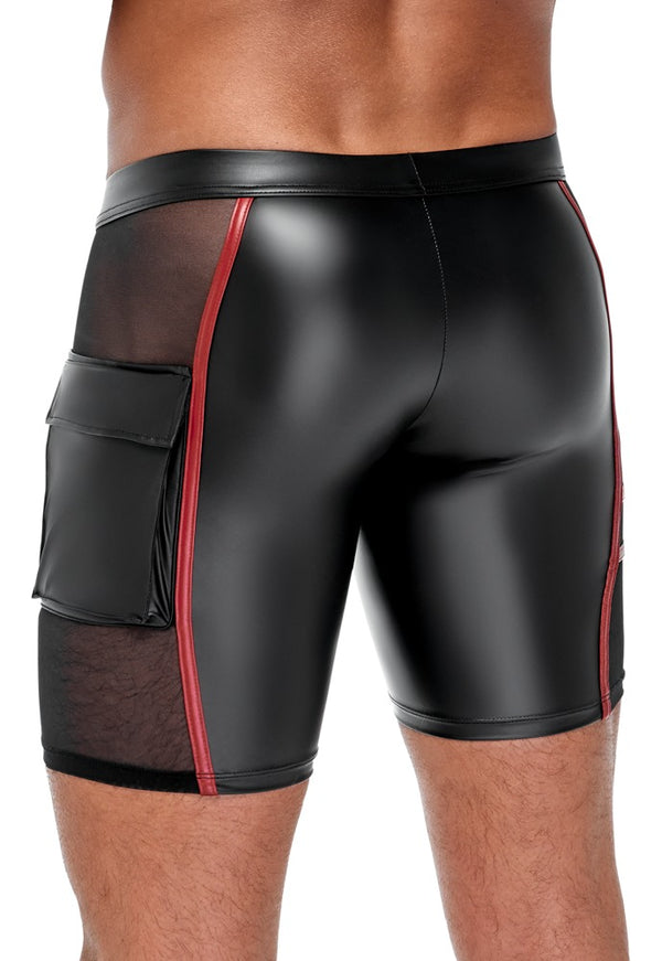 Schwarze enge Herren-Shorts im Mattlook mit roten Streifen, Feinnetz und Klappentasche von NEK – Ansicht 5