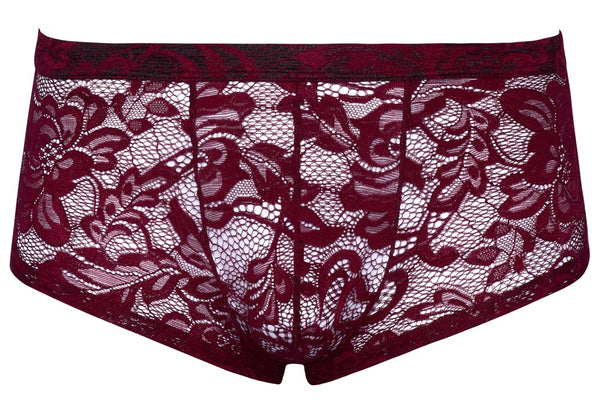 Transparente Herren-Pants aus dunkelroter floraler Spitze von Svenjoyment – Ansicht 5