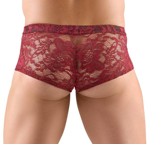 Transparente Herren-Pants aus dunkelroter floraler Spitze von Svenjoyment – Ansicht 4
