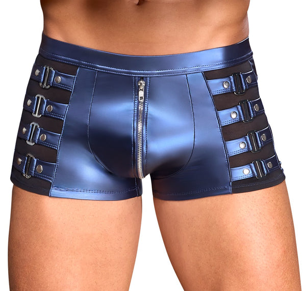 Blaue enge Herren-Pants im Metallic-Mattlook mit Nieten-Riemen und Powernet von NEK – Ansicht 2