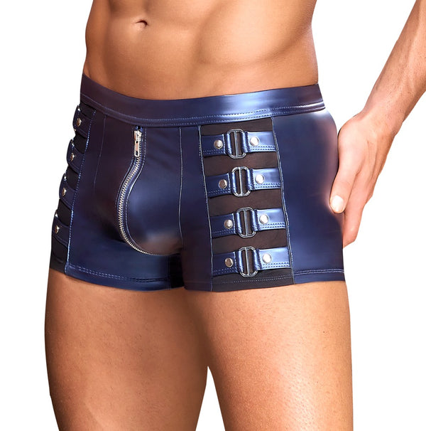 Blaue enge Herren-Pants im Metallic-Mattlook mit Nieten-Riemen und Powernet von NEK – Ansicht 3