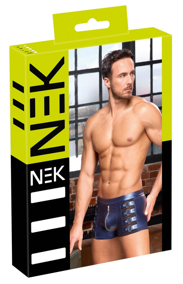 Blaue enge Herren-Pants im Metallic-Mattlook mit Nieten-Riemen und Powernet von NEK