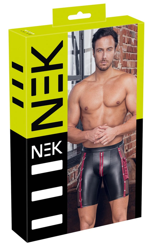 Schwarze enge Herren-Pants im Mattlook mit roten Streifen und Silber-Details von NEK