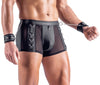 Schwarze pofreie Herren-Pants mit Soft-Handfesseln im Netz-Mix von Svenjoyment Bondage – Ansicht 2
