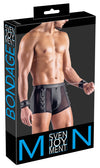 Schwarze pofreie Herren-Pants mit Soft-Handfesseln im Netz-Mix von Svenjoyment Bondage