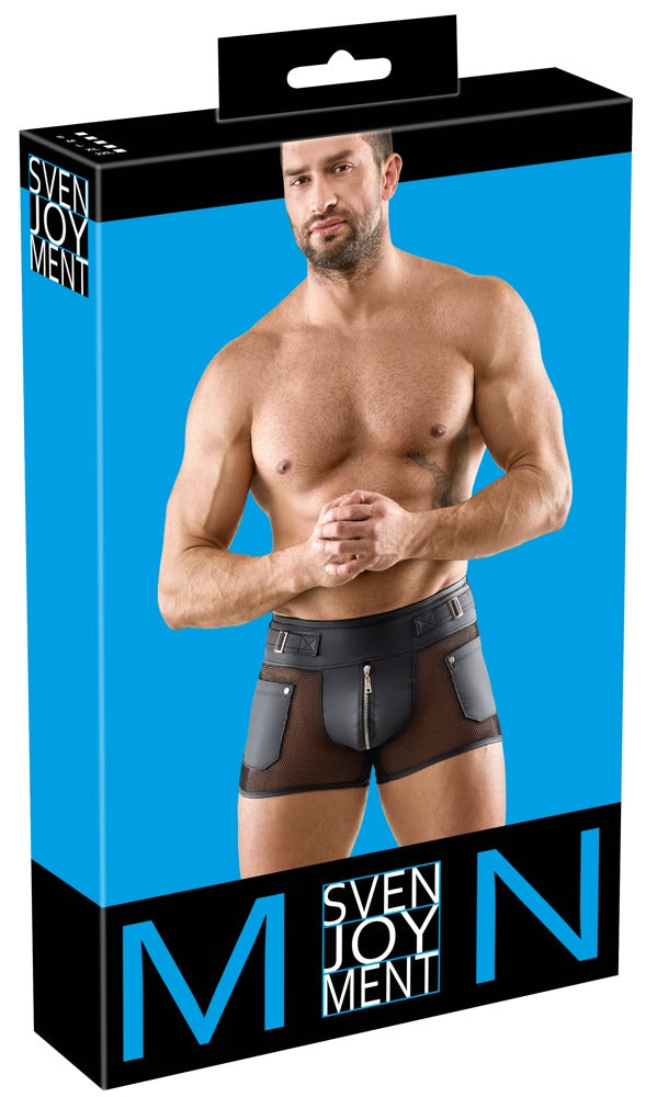Schwarze betonende Herren-Pants im Mattlook mit Netz und Metall-Accessoires von Svenjoyment