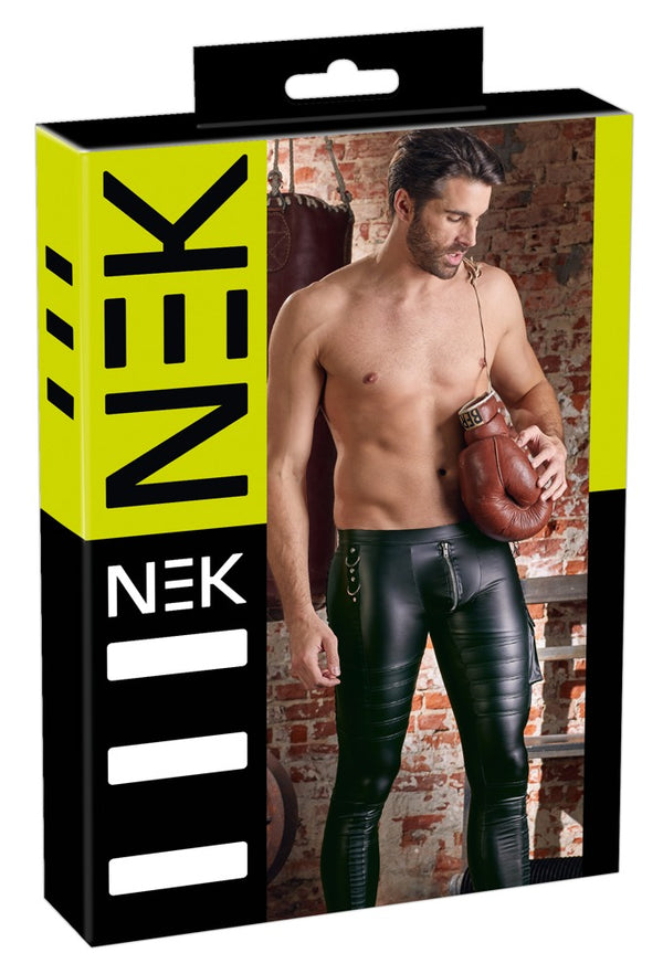 Schwarze Herren-Slim-Fit-Hose im Mattlook mit Nieten und Ringen von NEK
