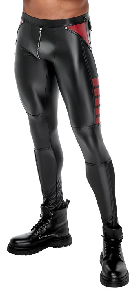 Schwarze enge Herren-Hose im Mattlook mit roten Kontrasten, Nieten und Netz von NEK – Ansicht 3