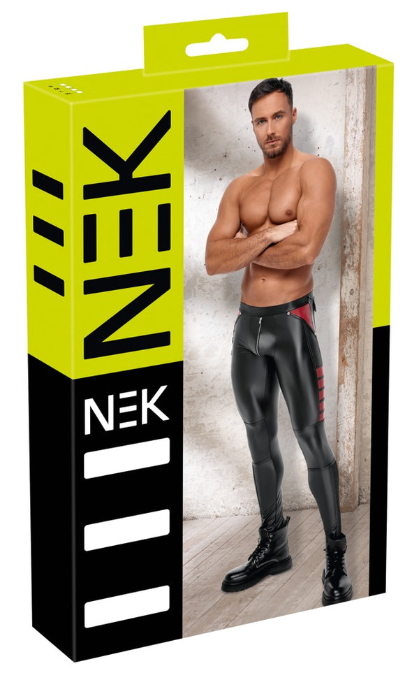 Schwarze enge Herren-Hose im Mattlook mit roten Kontrasten, Nieten und Netz von NEK