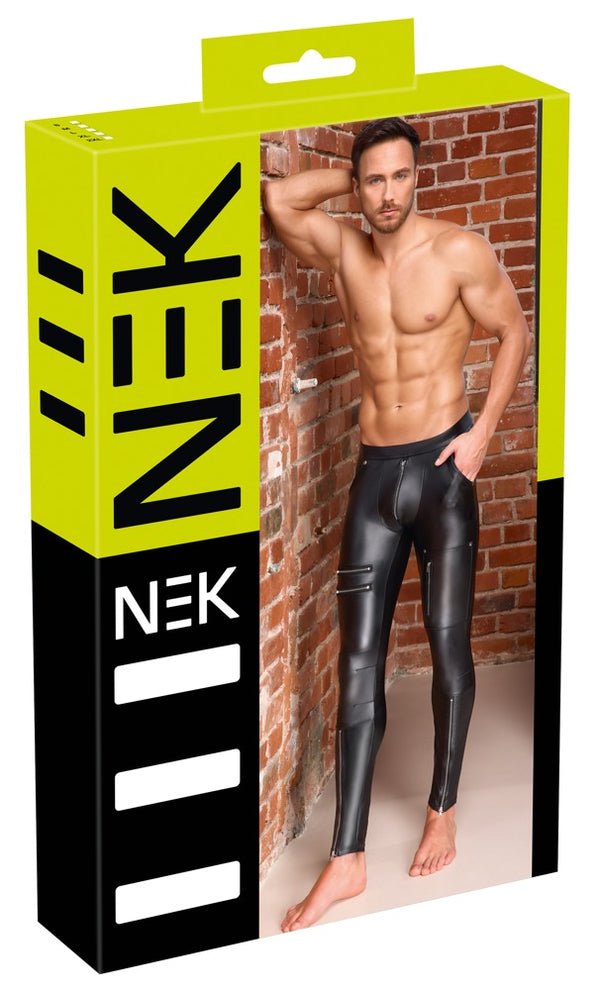 Schwarze schmale Herren-Hose im Mattlook mit Zip- und Nieten-Details von NEK
