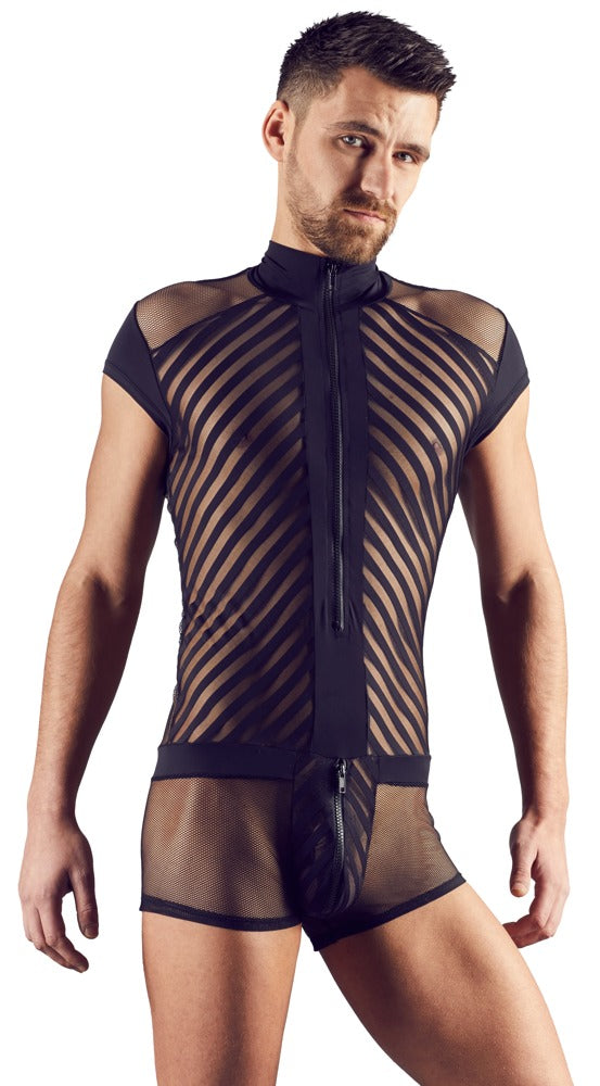 Schwarzer Herren-Kurzbody mit kurzem Arm im Netz-Streifen-Look von Svenjoyment – Ansicht 2