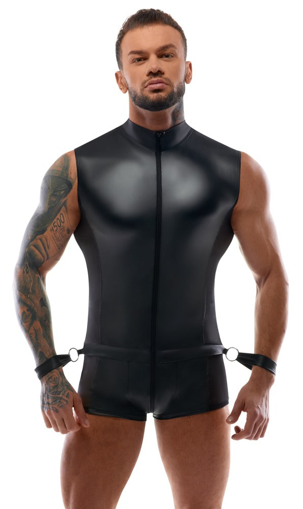 Schwarzer ärmelloser Herren-Overall mit 2 Handfesseln von Svenjoyment BONDAGE – Ansicht 2