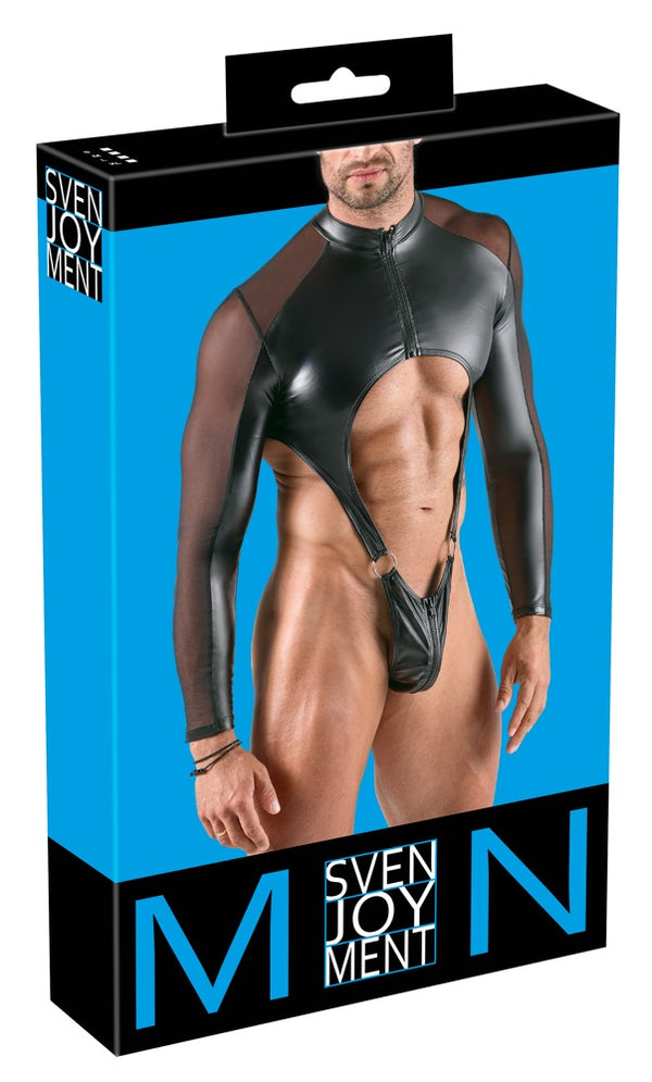 Schwarzer körperbetonender Herren-Riobody mit langem Arm im Material-Mix von Svenjoyment