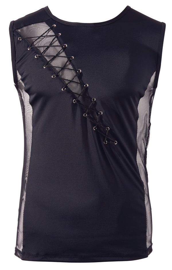 Schwarzes Herren-Shirt im Materialmix aus blickdicht und Fischnetz von Svenjoyment – Ansicht 5