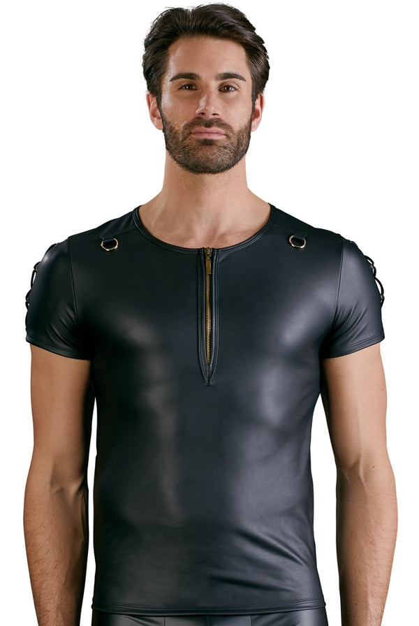 Schwarzes Herren-Shirt im Mattlook mit D-Ringen und Schnürungen von NEK – Ansicht 2