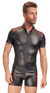 Schwarzes Herren-Shirt im Mattlook mit roten Schulter-Einsätzen und Stehkragen von NEK – Ansicht 4