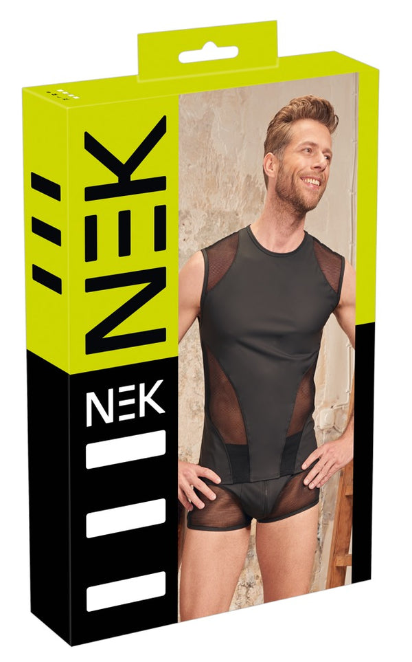 Schwarzes ärmelloses Herren-Shirt im Mattlook mit Netz-Einsätzen von NEK
