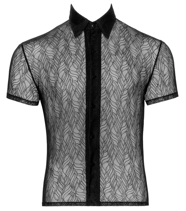Schwarzes enges Herren-Halbarm-Hemd aus Stretch-Spitze von Svenjoyment – Ansicht 5