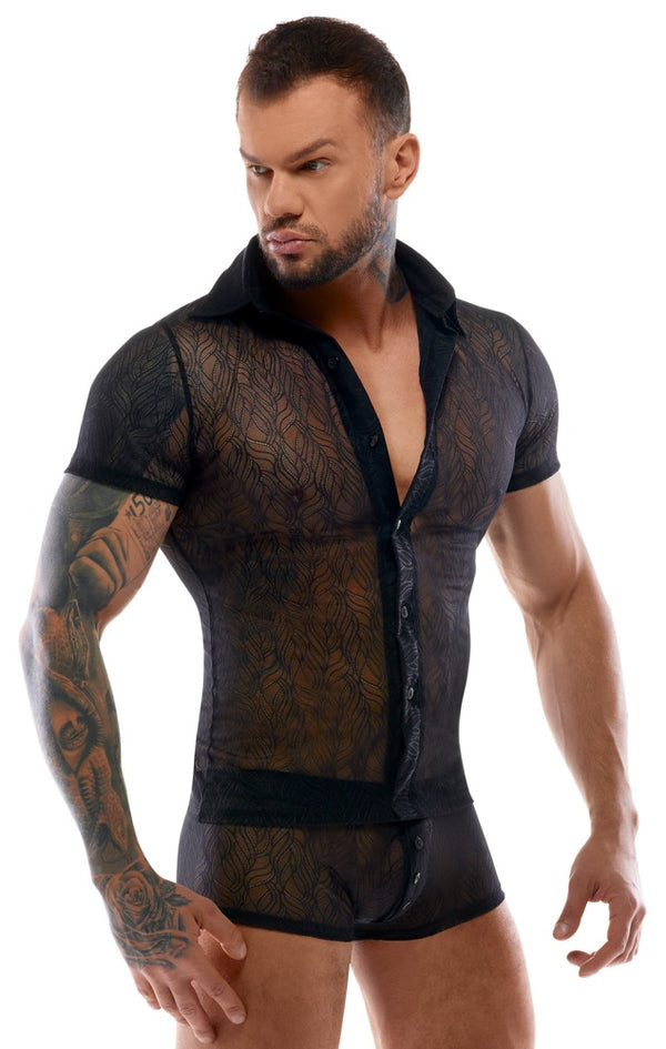 Schwarzes enges Herren-Halbarm-Hemd aus Stretch-Spitze von Svenjoyment – Ansicht 3
