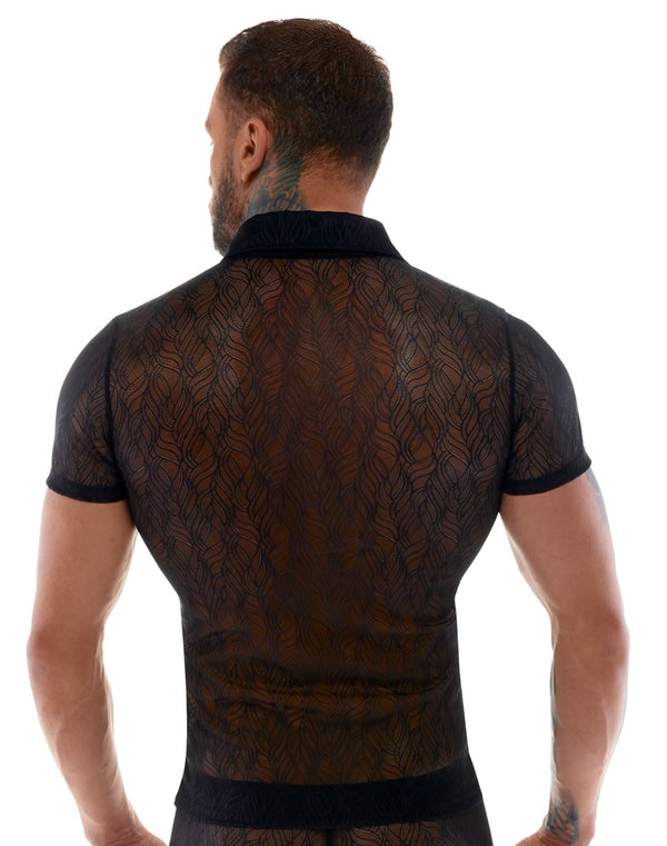 Schwarzes enges Herren-Halbarm-Hemd aus Stretch-Spitze von Svenjoyment – Ansicht 4