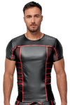 Schwarzes enges Herren-Kurzarm-Shirt im Mattlook mit roten Streifen und Feinnetz von NEK – Ansicht 2