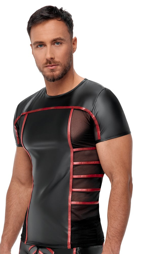 Schwarzes enges Herren-Kurzarm-Shirt im Mattlook mit roten Streifen und Feinnetz von NEK – Ansicht 3