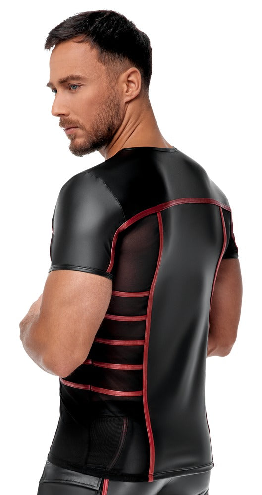 Schwarzes enges Herren-Kurzarm-Shirt im Mattlook mit roten Streifen und Feinnetz von NEK – Ansicht 4