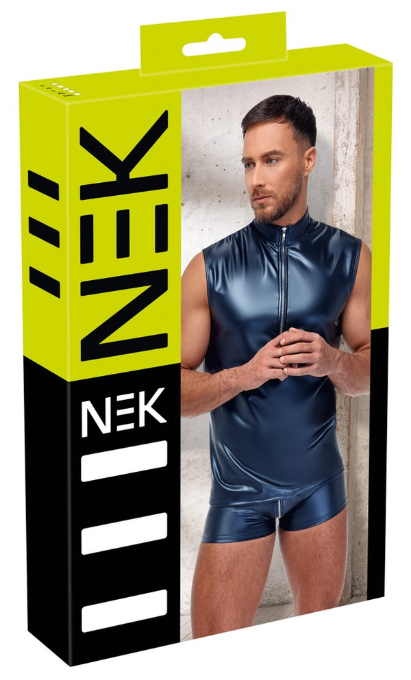 Blaues ärmelloses Herren-Shirt im Metallic-Mattlook mit Stehkragen und Reißverschluss von NEK