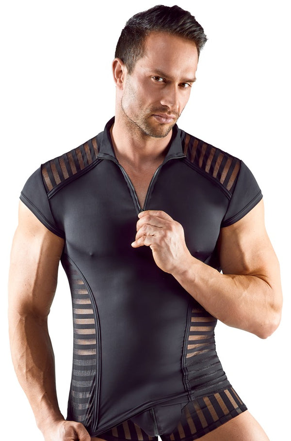 Schwarzes Herren-Streifen-Shirt aus Mikrofaser mit kurzem Arm von Svenjoyment – Ansicht 2