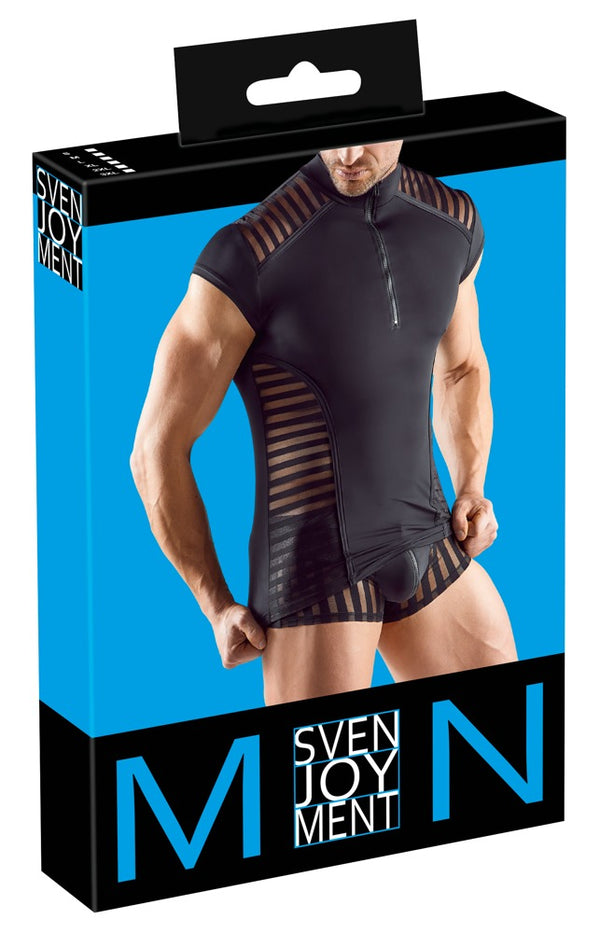 Schwarzes Herren-Streifen-Shirt aus Mikrofaser mit kurzem Arm von Svenjoyment