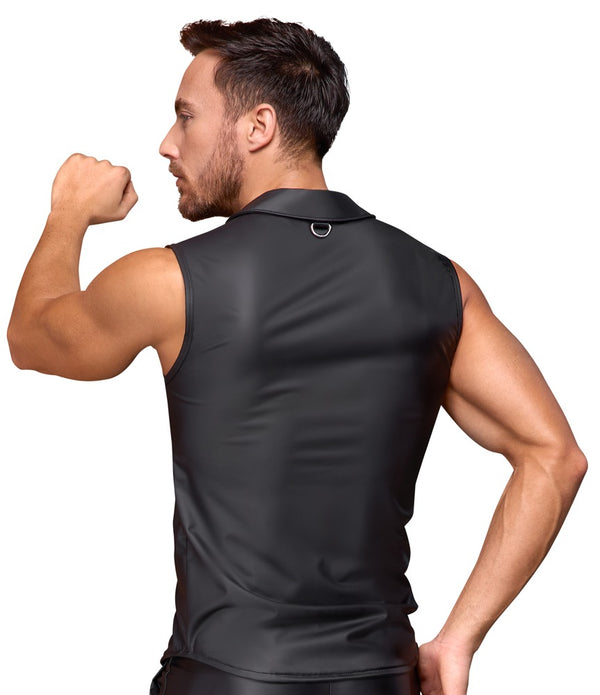 Schwarzes ärmelloses Herren-Shirt im Mattlook mit Druckknopfleiste von NEK – Ansicht 6