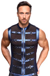 Blaues ärmelloses Herren-Shirt im Metallic-Mattlook mit nietenbesetzten Riemen von NEK – Ansicht 2